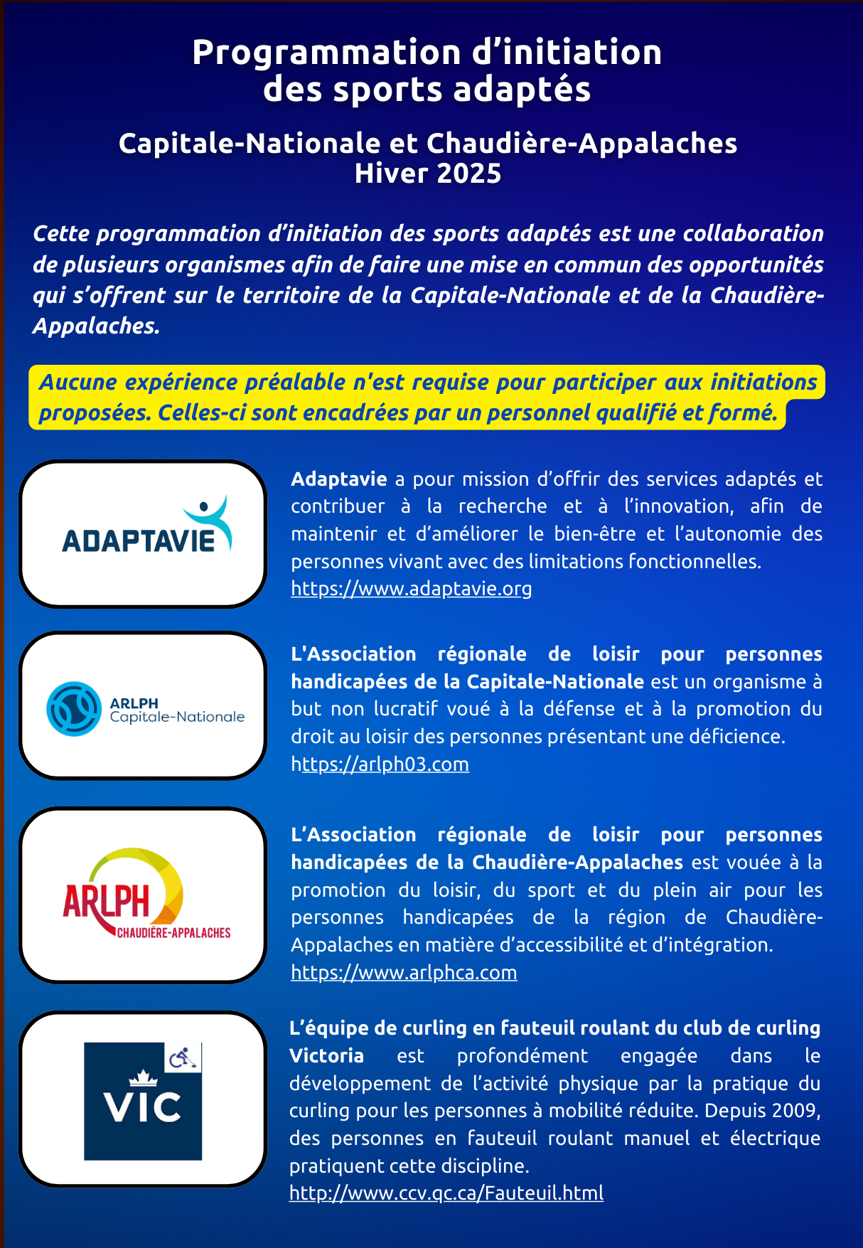 Programmation d'initiations des sports adaptés en Chaudière-Appalaches et Capitale-Nationale