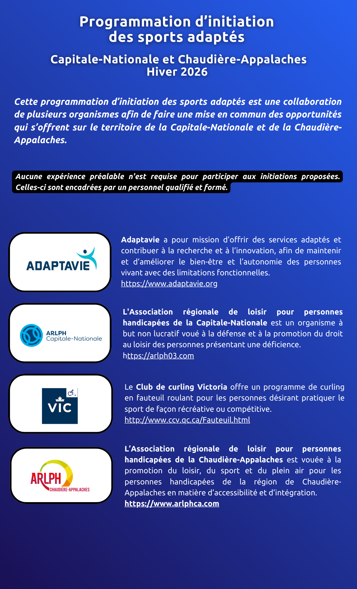 Calendrier commun des initiations de sports adaptés dans la Chaudière-Appalaches et la Capitale-Nationale - Hiver 2026