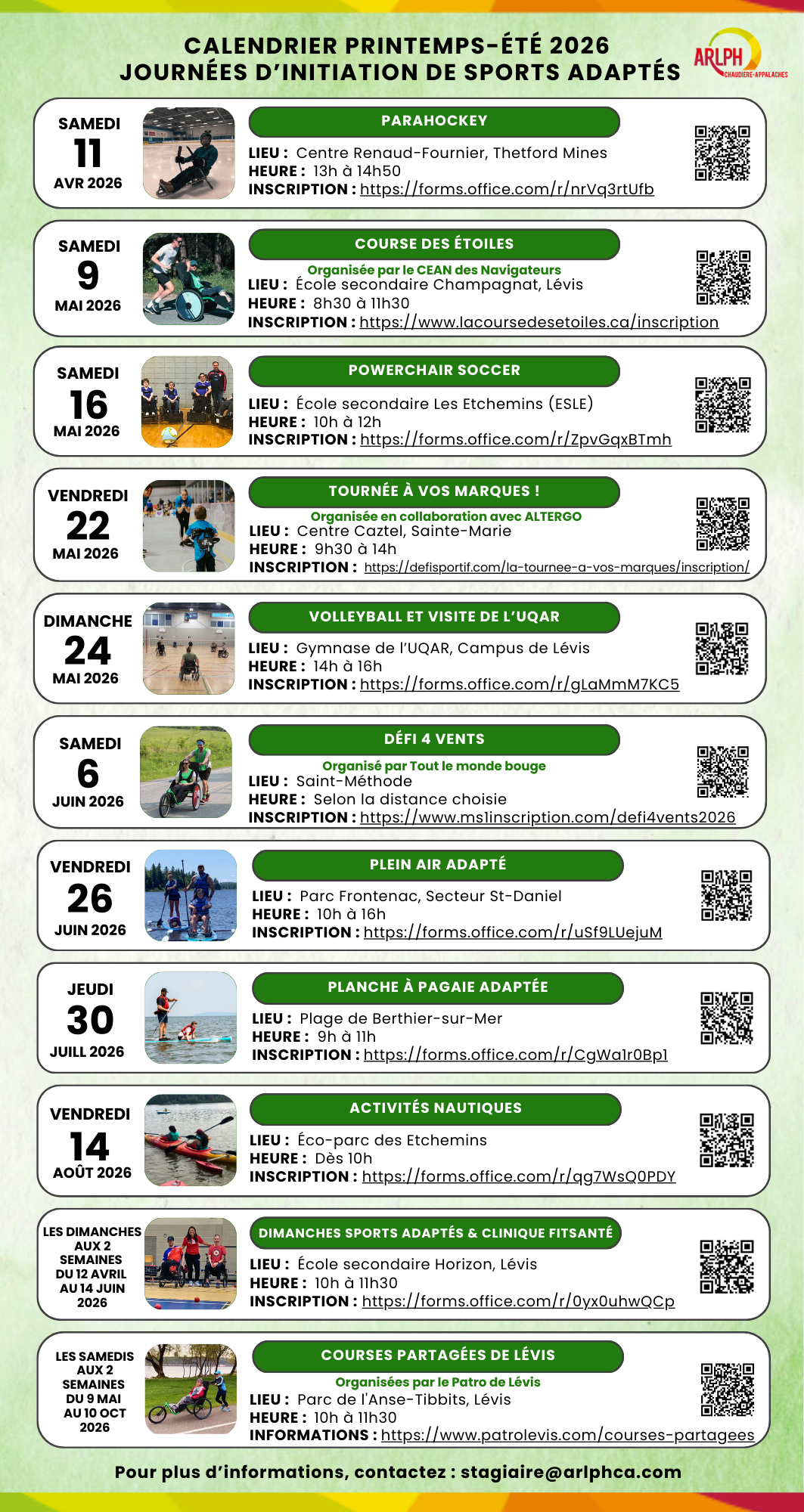 Calendrier des initiations de sports adaptés printemps-été 2026