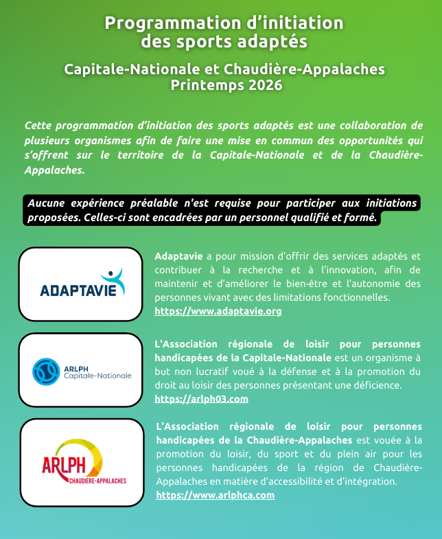 Calendrier commun des initiations de sports adaptés dans la Chaudière-Appalaches et la Capitale-Nationale - Printemps-été 2026