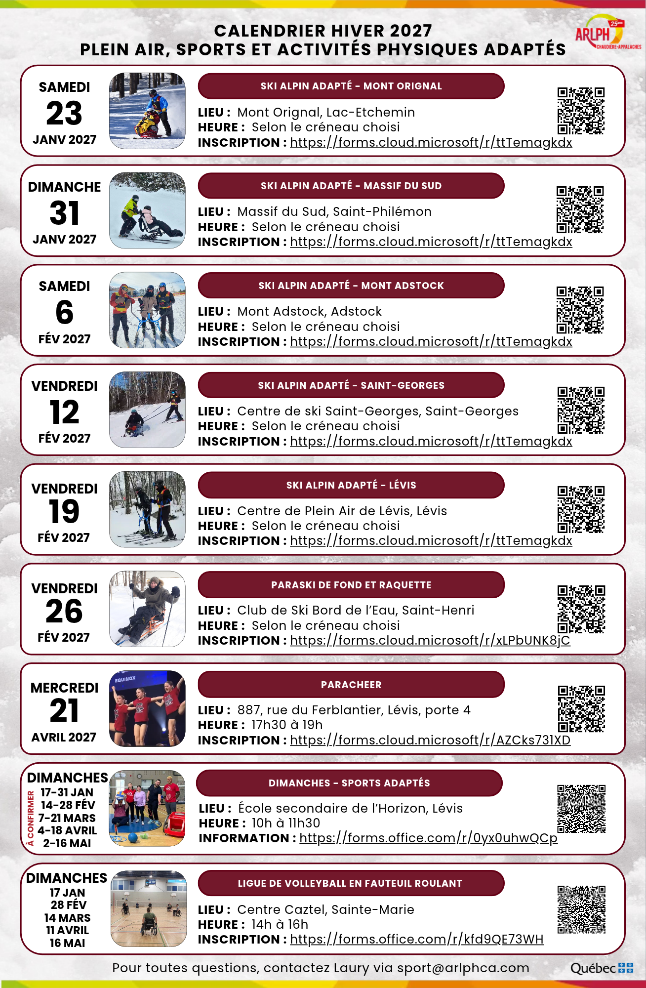 Calendrier hiver 2027 - Plein air, sports et activités physiques adaptés